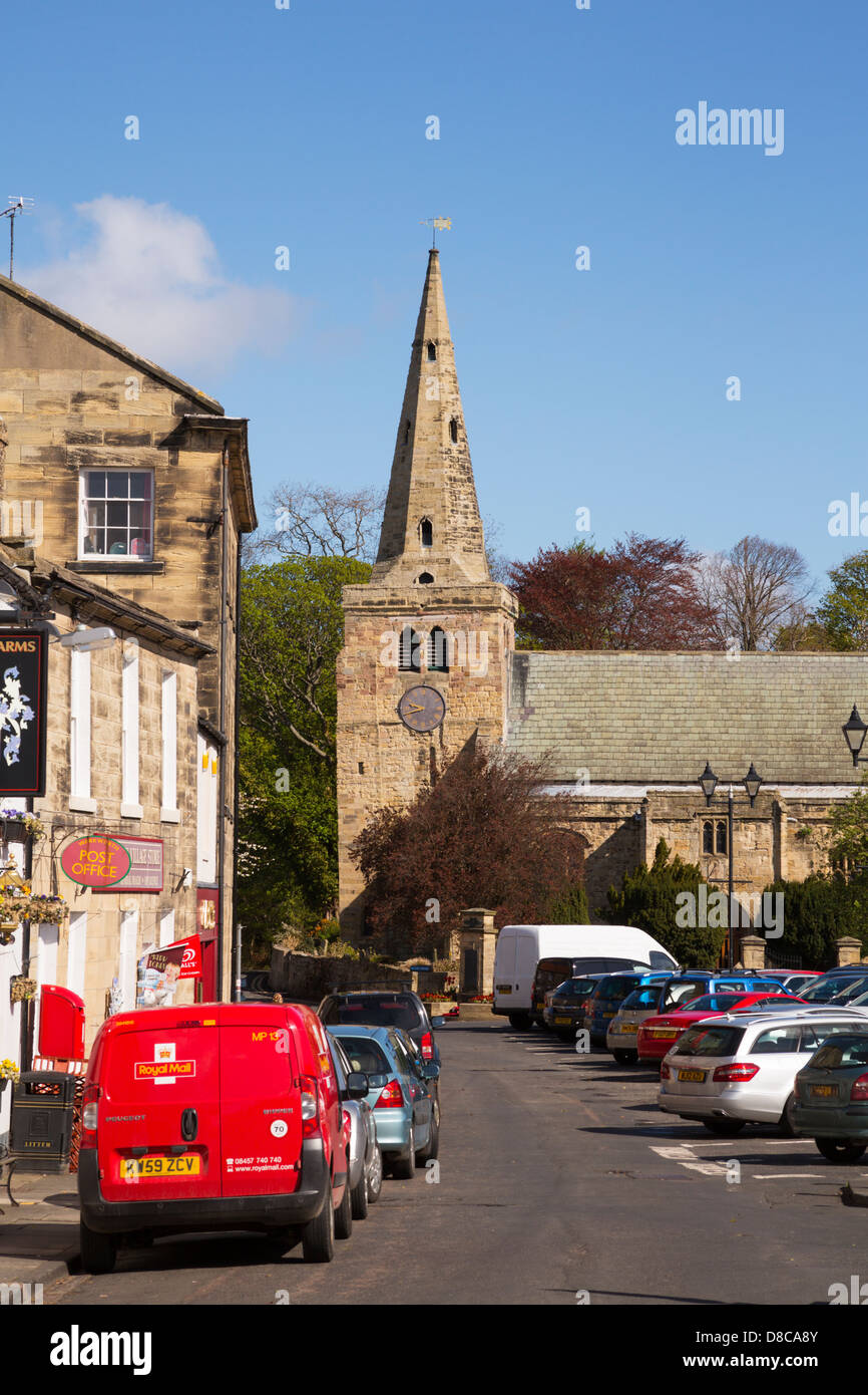 Warkworth High Street Market Place and church of St Lawrence. Stock Photo