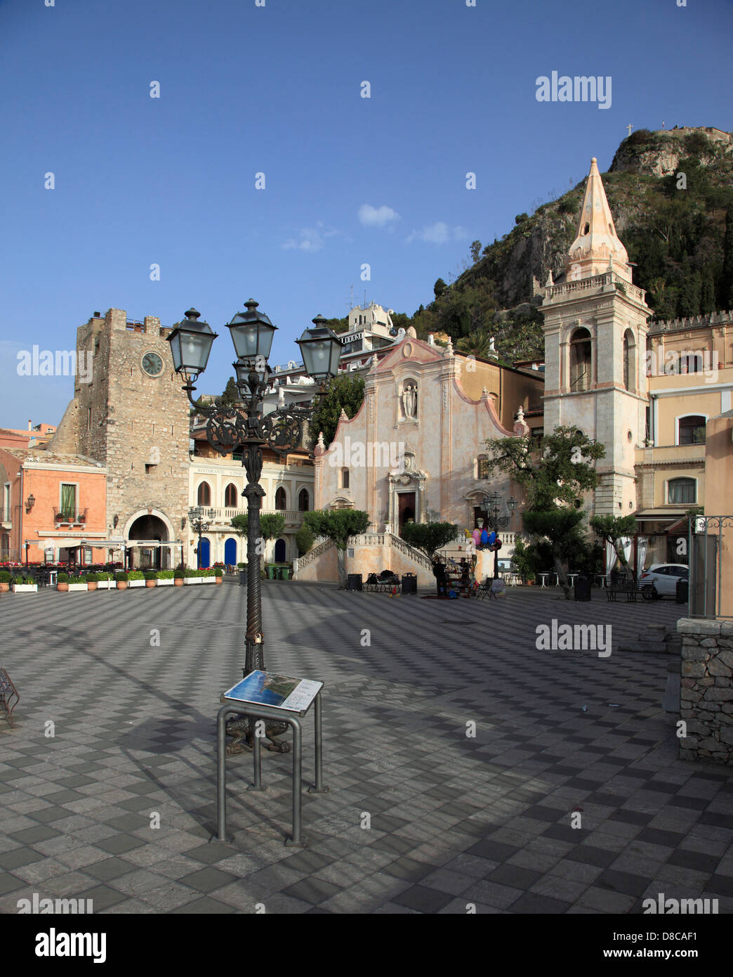 Italy, Sicily, Taormina, Piazza IX Aprile, Porta di Mezzo, San Giuseppe Church, Stock Photo