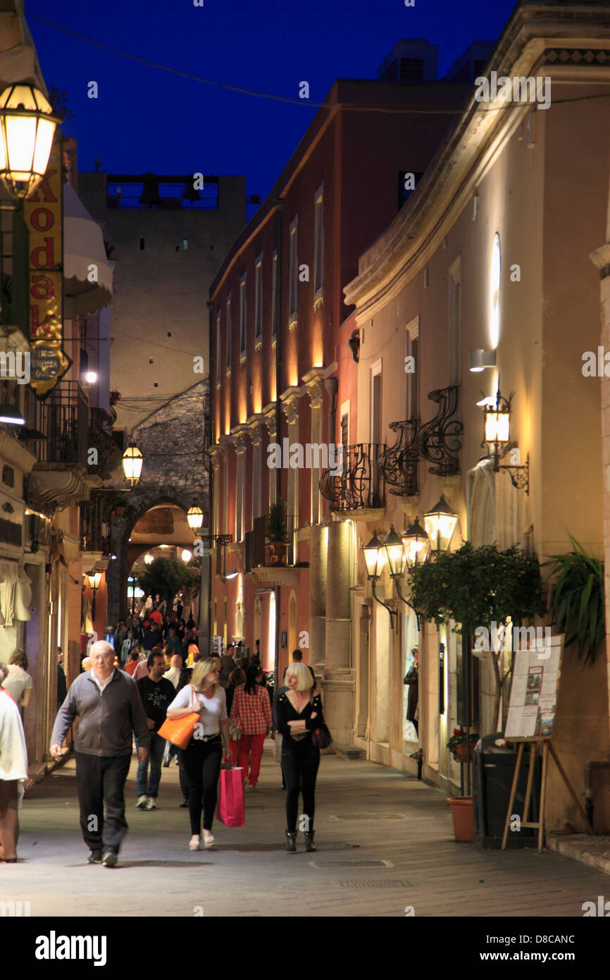 Italy, Sicily, Taormina, Corso Umberto, street scene, night, Stock Photo