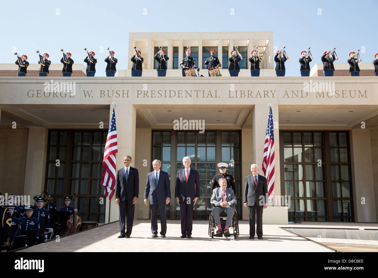 US President Barack Obama stands with former Presidents George W. Bush, Bill Clinton, George H.W. Bush, and Jimmy Carter during the dedication of the George W. Bush Presidential Library and Museum on the campus of Southern Methodist University April 25, 2013 in Dallas, Texas. Stock Photo