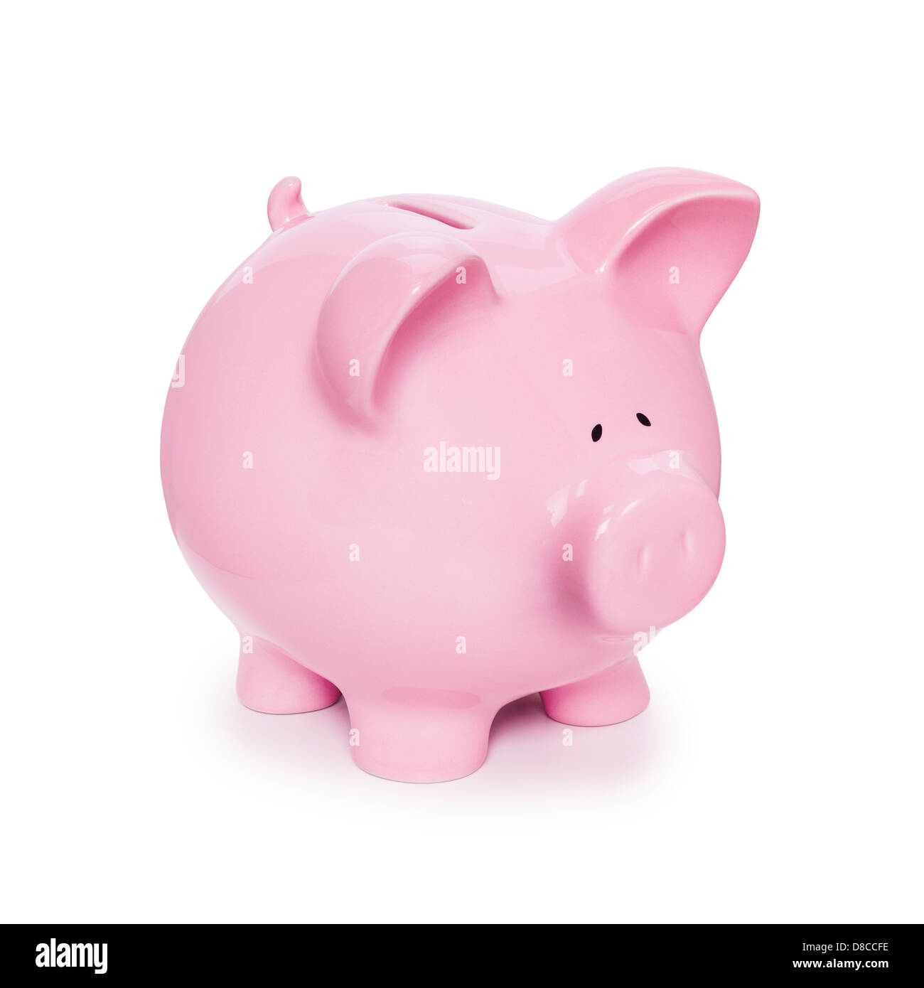 Piggy Bank isolated on white with soft natural shadow, three quarters to camera. Stock Photo
