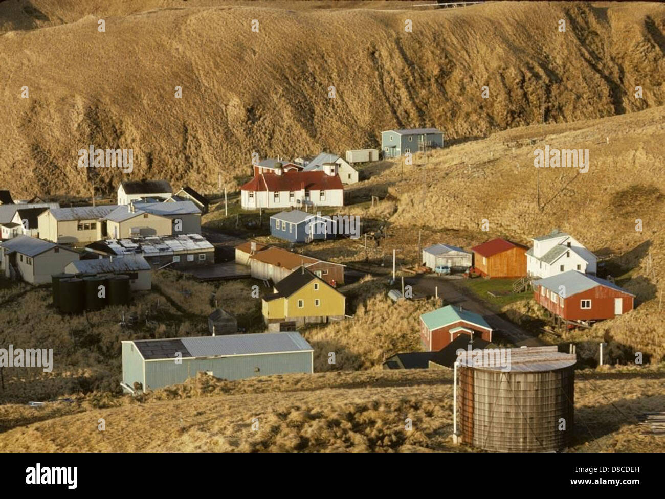 Aerial view of a village on Atka island one of the Aleutian islands