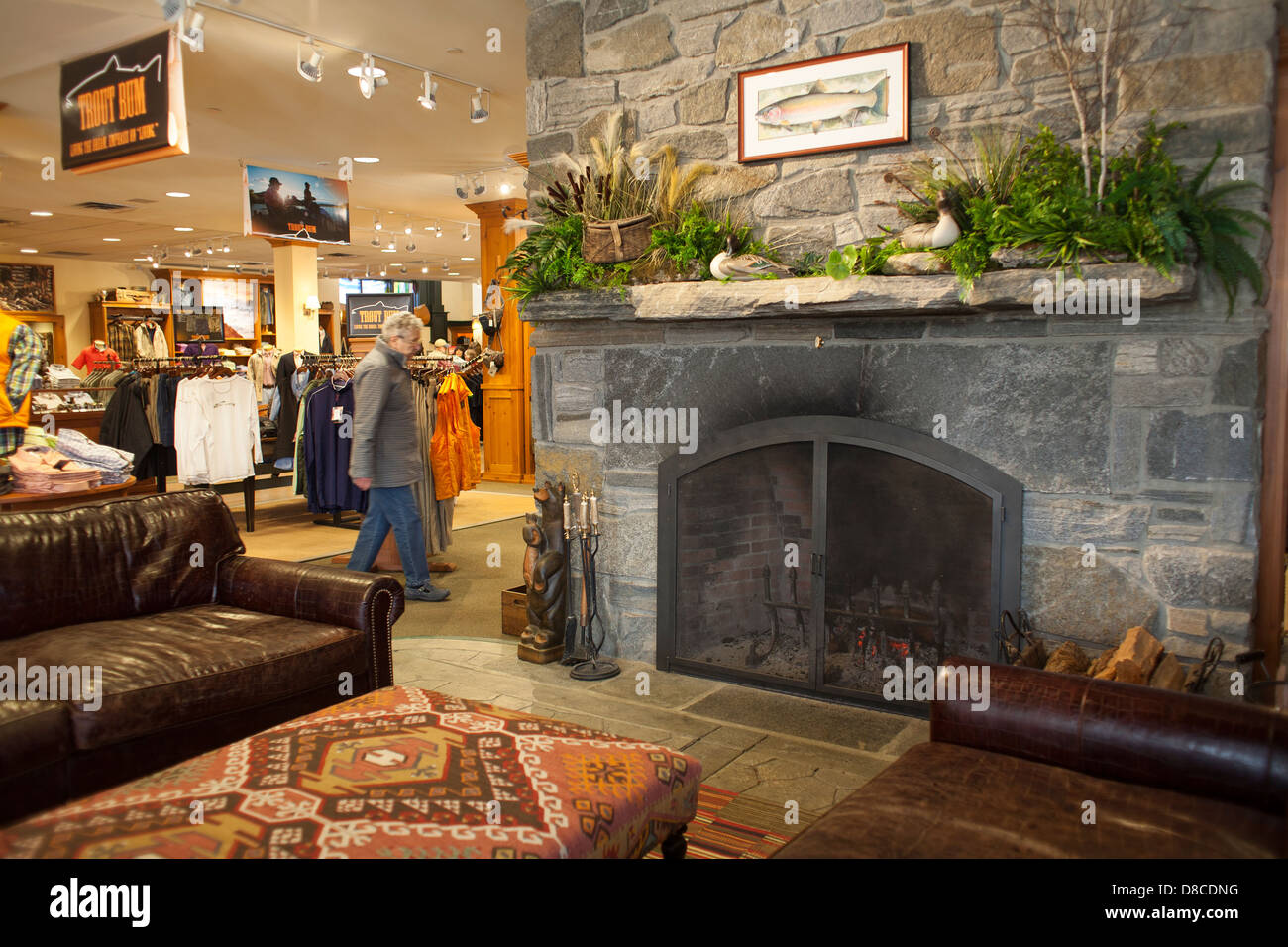 The large, rustic-chic Orvis store in Manchester, Vt has everything fly fishermen need, including instruction and a trout pond. Stock Photo