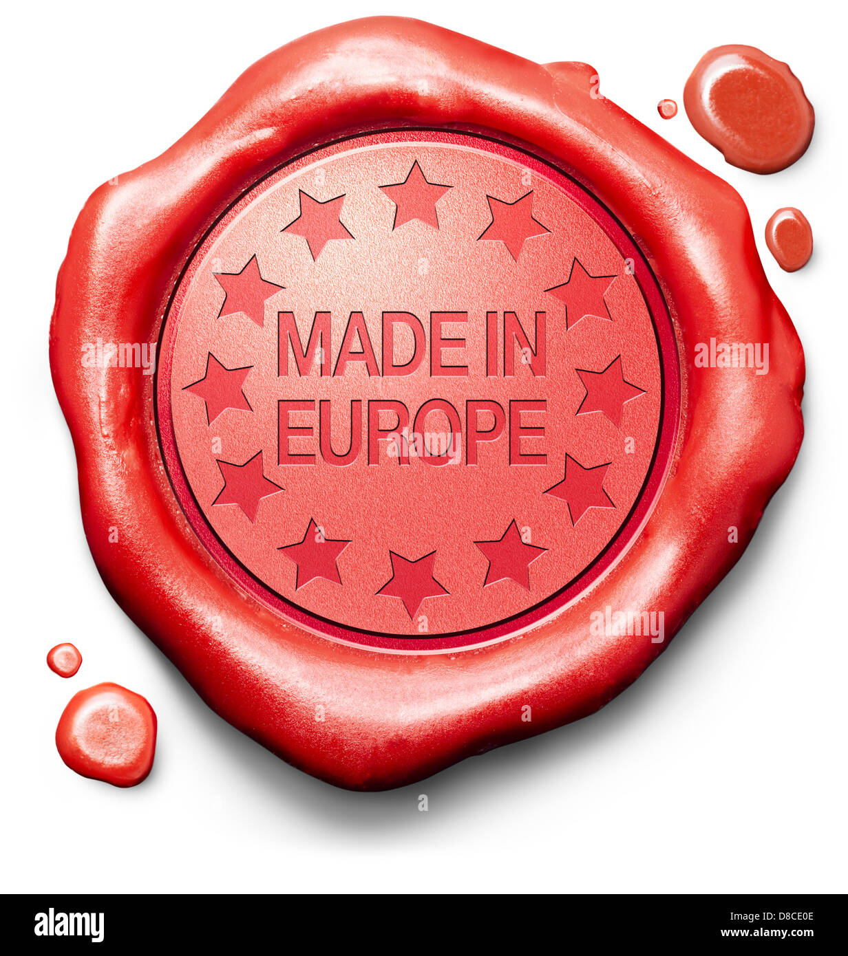 made in Europe original product buy local buy authentic European quality label red wax stamp seal Stock Photo