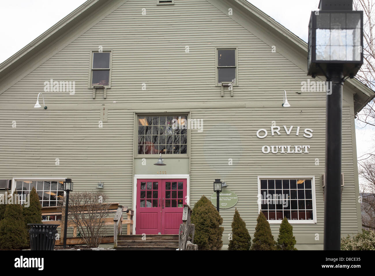 The outlet store for the large, rustic-chic Orvis store in Manchester, Vermont which has everything a fly fisherman would need. Stock Photo