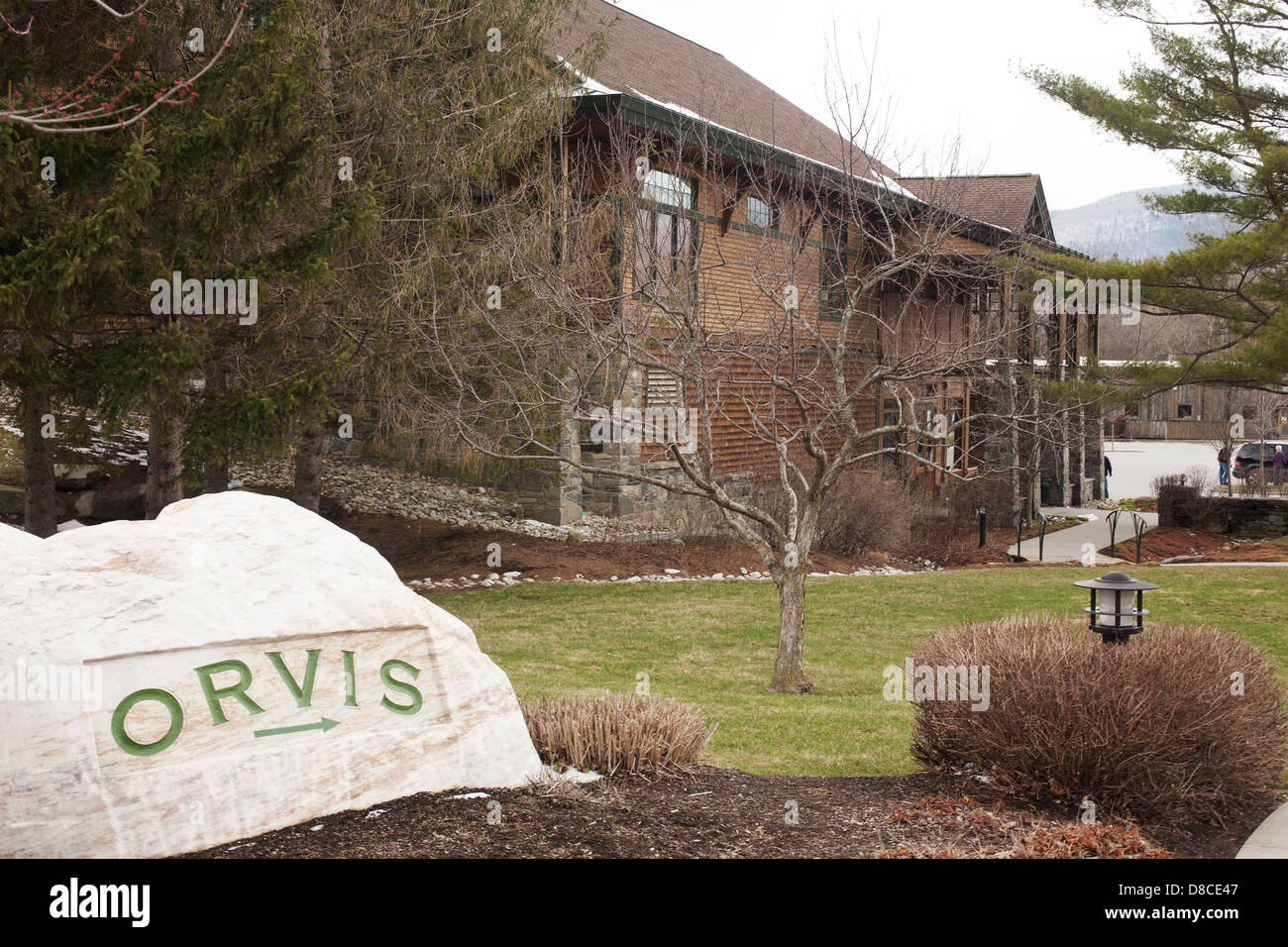 The large, rustic-chic Orvis store in Manchester, Vermont has everything a fly fisherman would need. Stock Photo