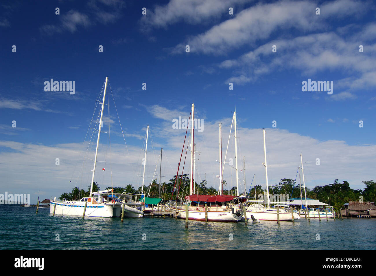 Sail boats moored at the shore. Bocas del Toro Stock Photo
