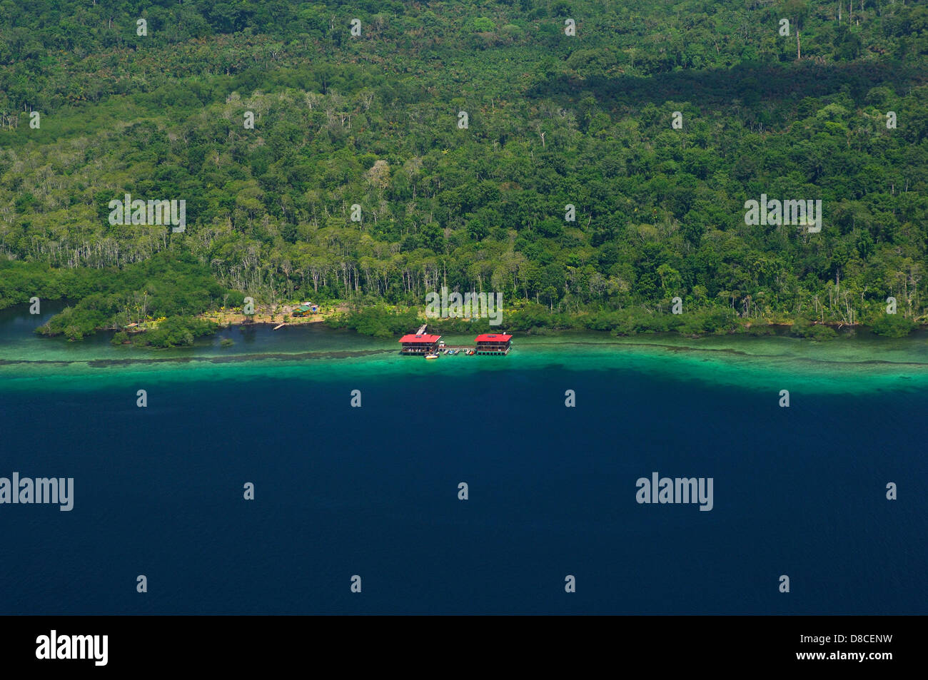 Aerial view of tropical Rainforest and hotel over the water at the shore Stock Photo