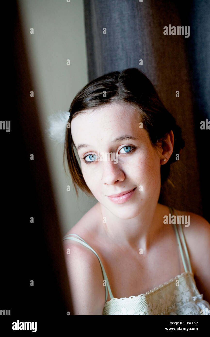 Teenage girl, young, youth, thought, innocence, blue eyes Stock Photo