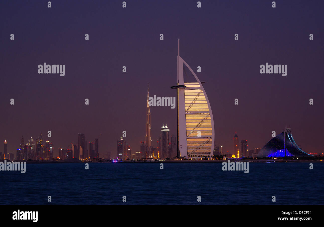 A view of the Burj al Arab, the Burj Khalifa and the skyline of Dubai, UAE, February 4, 2013. (Adrien Veczan) Stock Photo