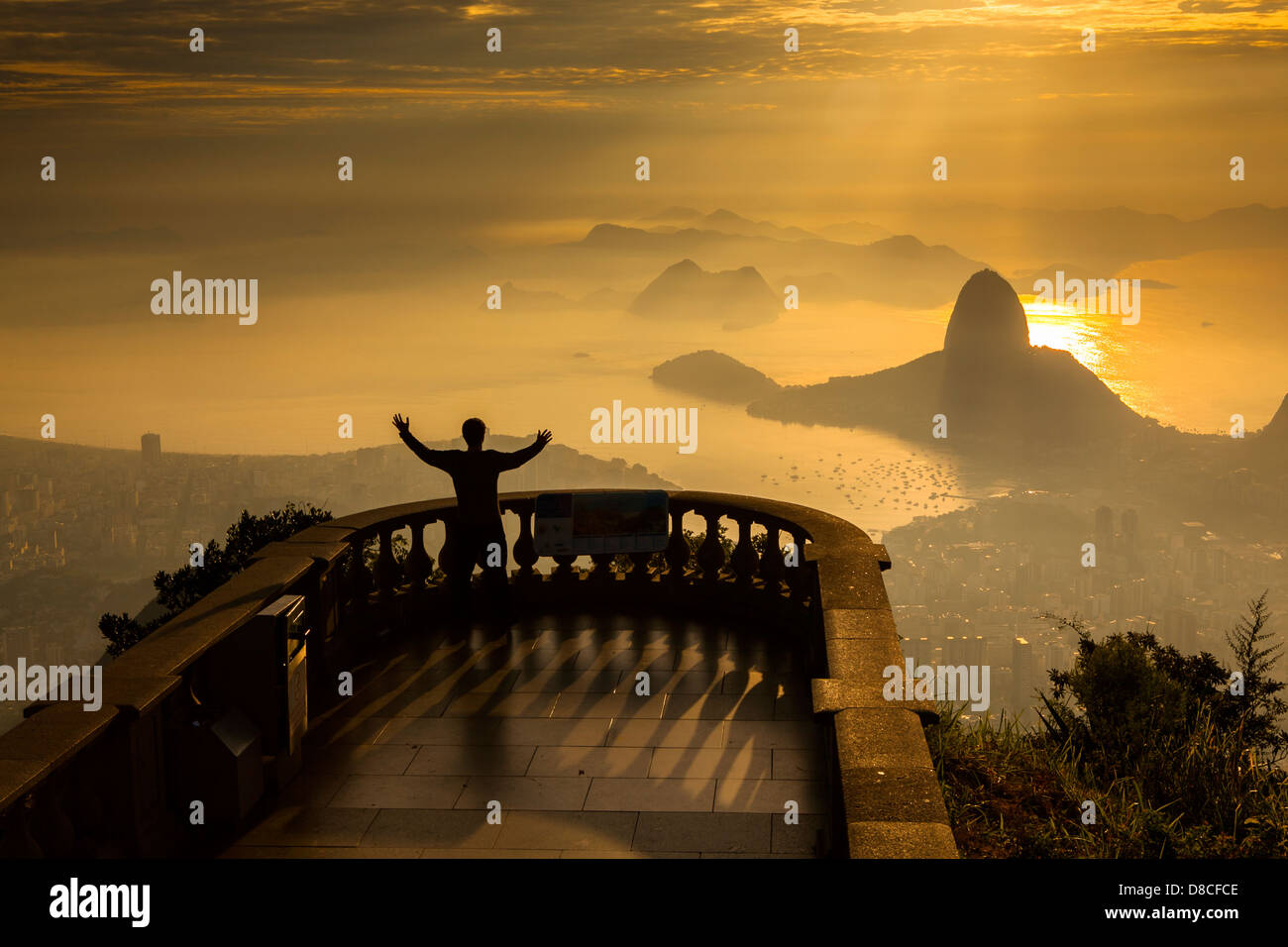 Sugar Loaf Mountain (  Pão de Açúcar ), sunrise in Rio de Janeiro, Brazil. From the Christ the Redeemer statue point of view. Stock Photo