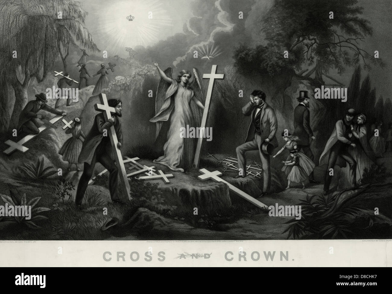 Cross and crown - an angel handing crosses to people to carry. Stock Photo