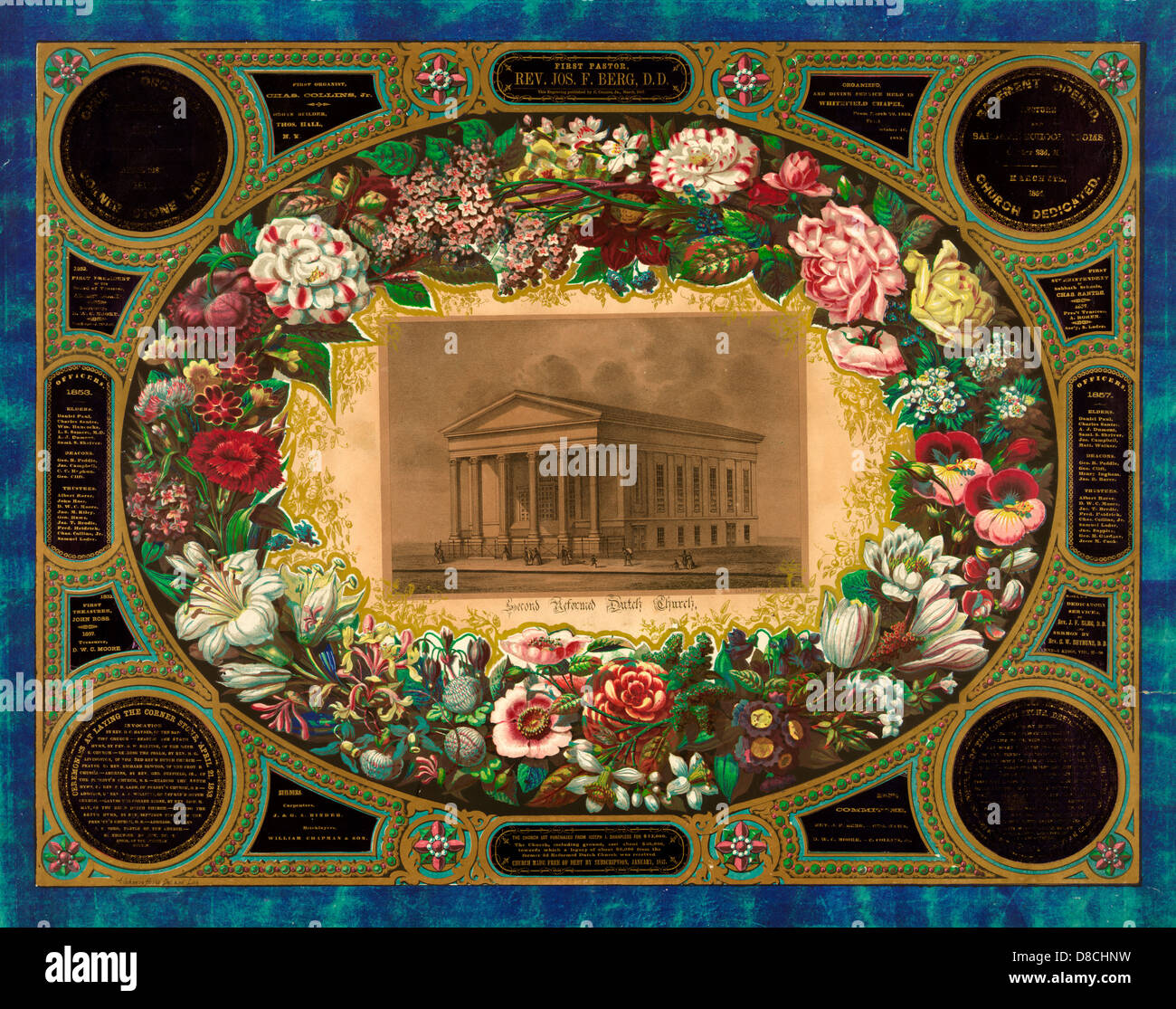 Second reformed Dutch church - exterior view of the Second Reformed Dutch Church at center within a floral wreath and elaborate border with spaces for separately printed and mounted cut-outs containing text presenting the history of the church, circa 1857 Stock Photo