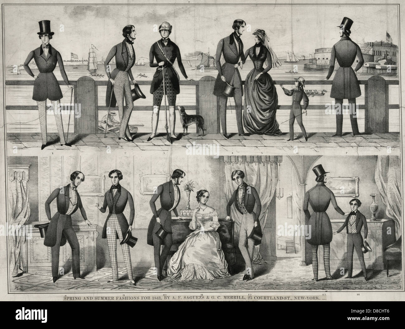 Spring and summer fashions for 1841, showing fine fashions for men and women for spring and summer, presented outdoor on a pier and indoors in a parlor. Stock Photo