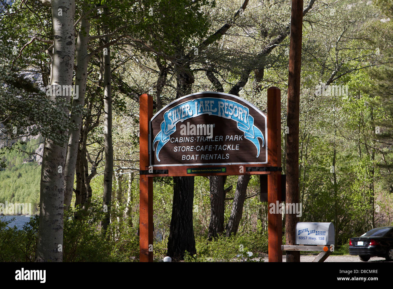 Silver Lake Resort sign on the June lake loop in the Sierra Nevada Mountains California Stock Photo