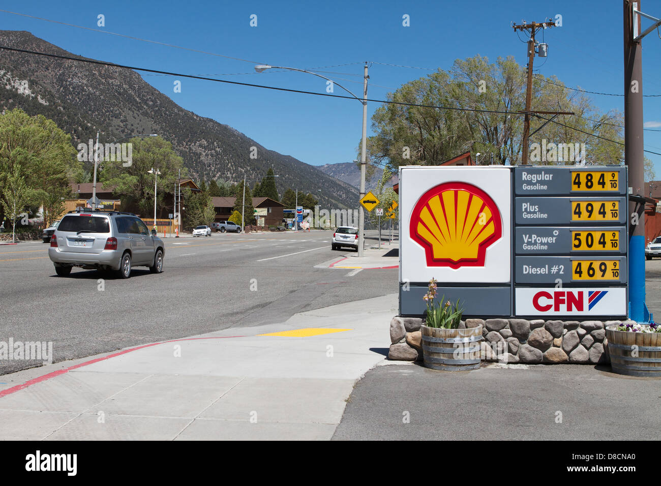 High Gas prices in the town of Lee vining on scenic highway 395 in the Eastern Sierra Nevada Mountains, California Stock Photo