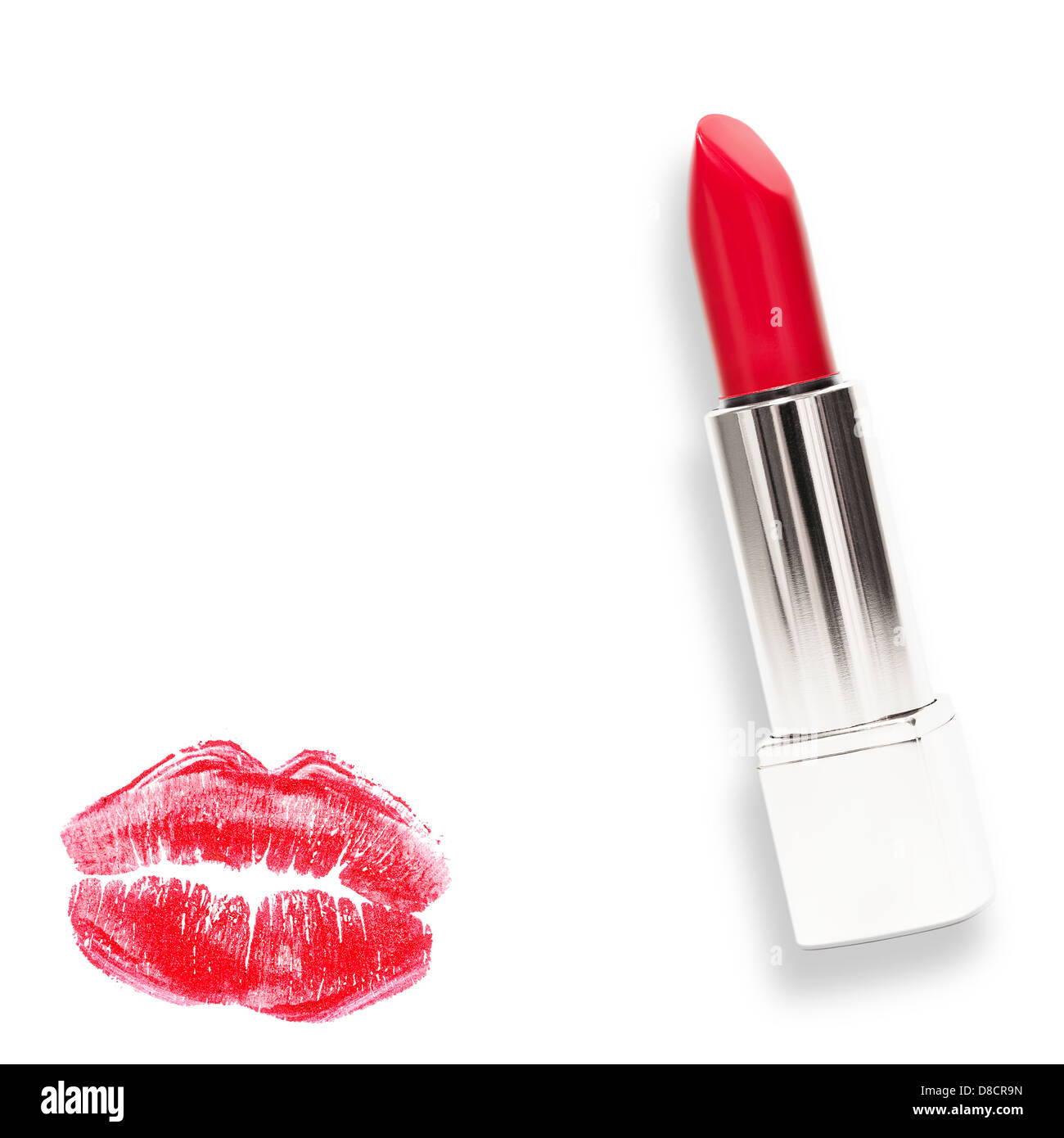 Lipstick and lipstick kiss mark, isolated on white background Stock Photo