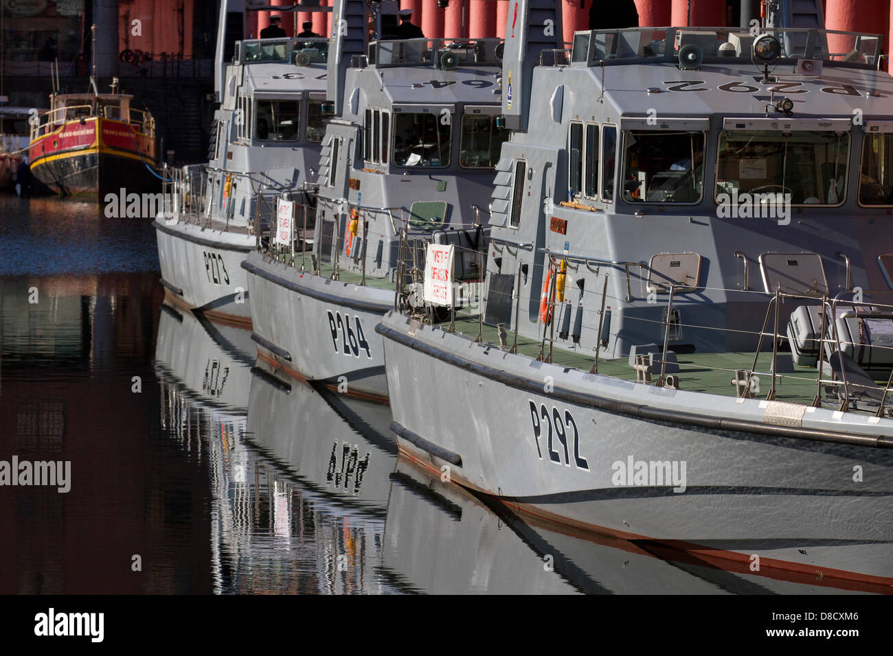 Royal Navy Ships in Albert Dock Liverpool, UK 24th May, 2013. HMS Pursuer (P273), HMS Charger (P292) and 'HMS Archer' all Archer-class patrol and training vessels of the British Royal Navy, based at the Faslane Patrol Boat Squadron (FPBS) at HMNB Clyde, at the 70th anniversary of the Battle of the Atlantic (BOA 70)  commemoration and events centred around Liverpool. The Battle of the Atlantic was the longest continuous military campaign in World War 2, at its height from mid-1940 through to the end of 1943. Stock Photo