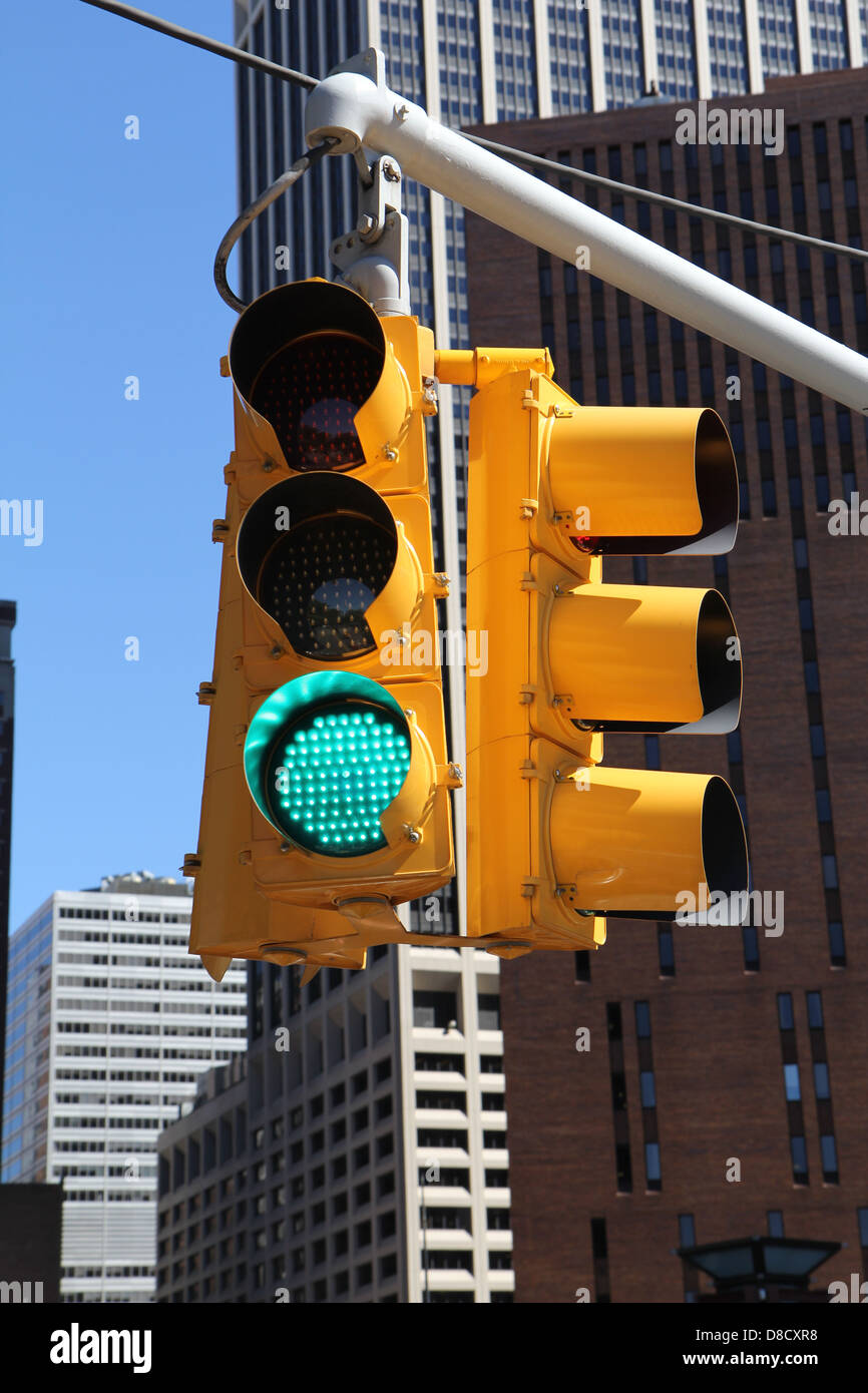 American Go Green Traffic Signal Sign Light in New York, NY, America, USA Stock Photo