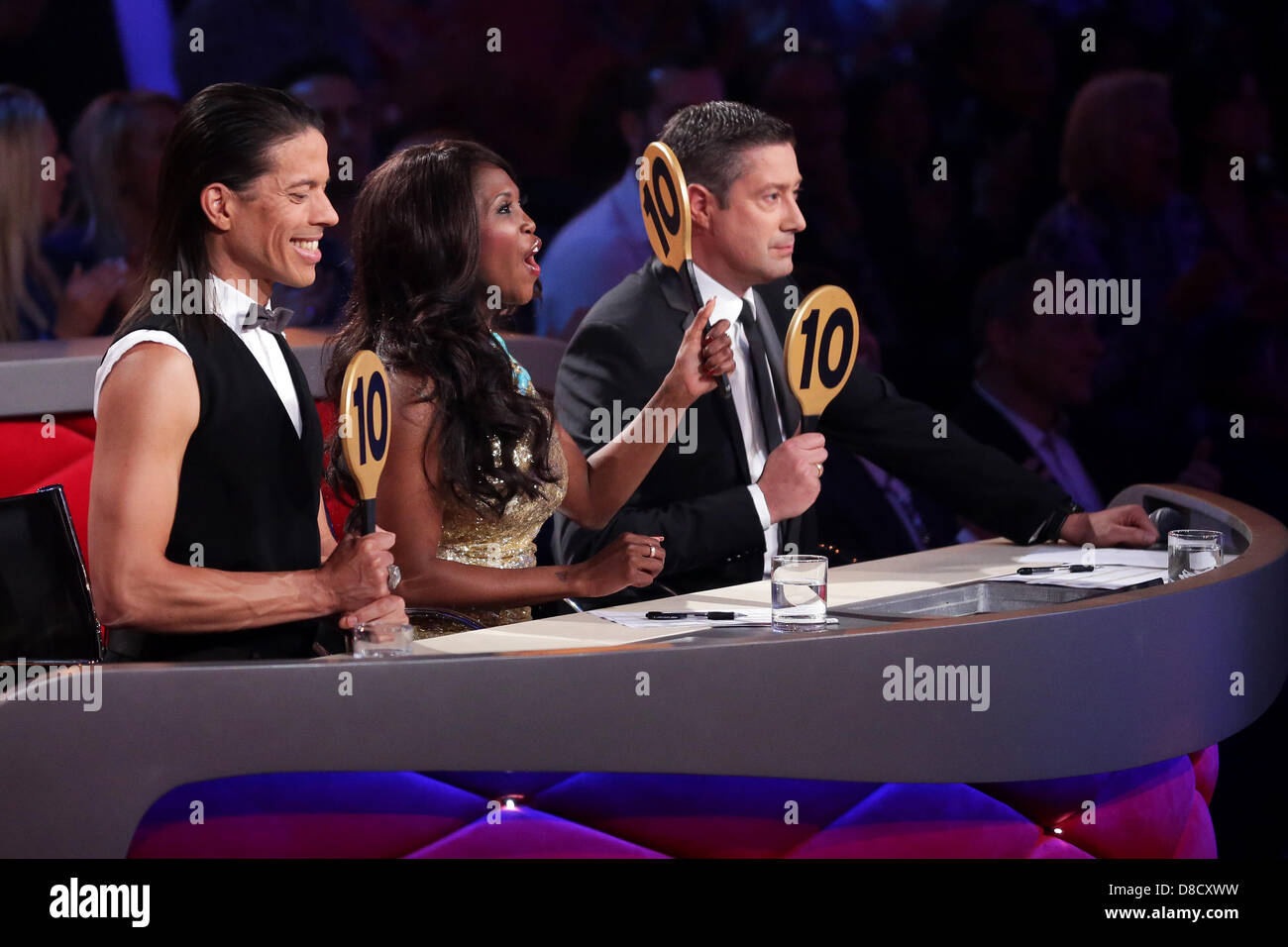 Members of the jury (L-R) Jorge Gonzalez, Motsi Mabuse and Joachim Llambi are during the dance show 'Let's Dance' of broadcaster RTL at Coloneum in Cologne, Germany, 24 May 2013. Photo: Rolf Vennenbernd Stock Photo
