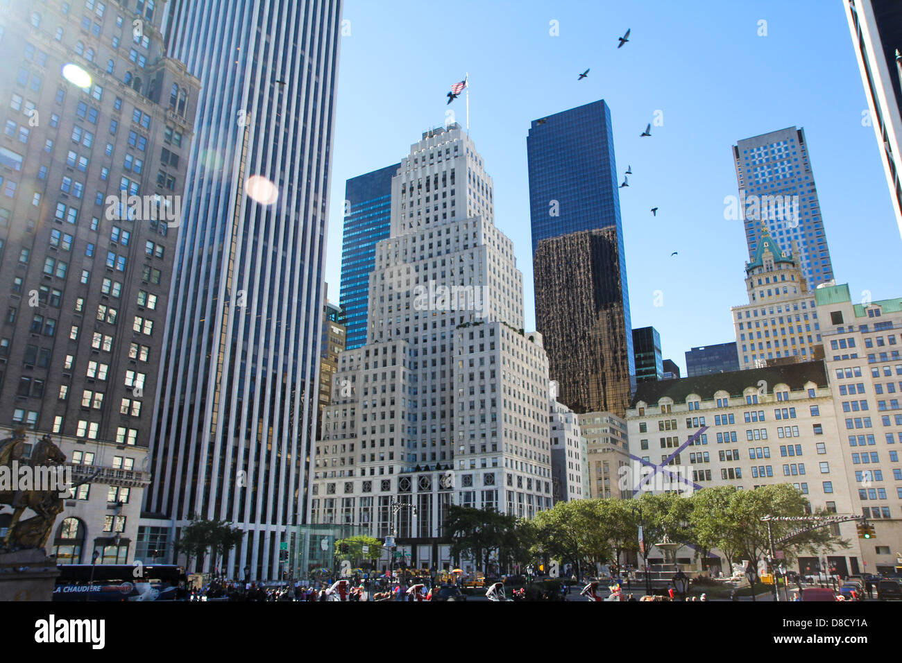 tall sky scrapper scene American big apple birds flying in New York USA Stock Photo