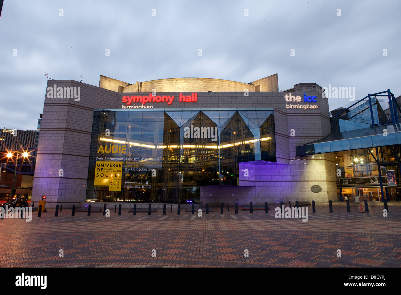 Symphony Hall & the ICC Birmingham taken in Centenary Square in Birmingham City Centre at night with lights on Stock Photo