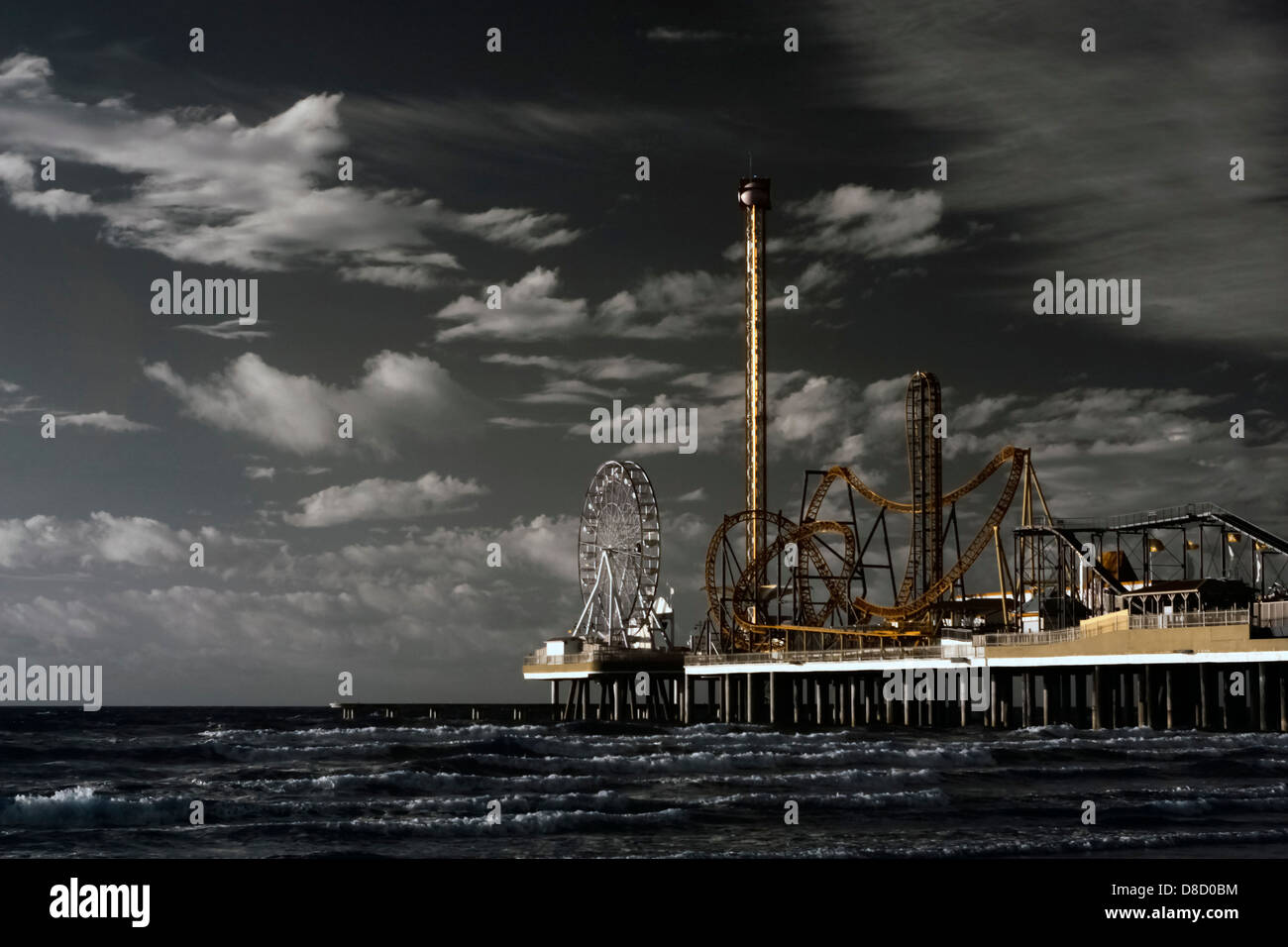 Pleasure Pier Amusement Park at sunrise, Galveston Texas USA Stock