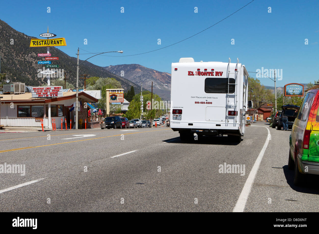 An RV travels through lee vining on scenic highway 395 in the Eastern