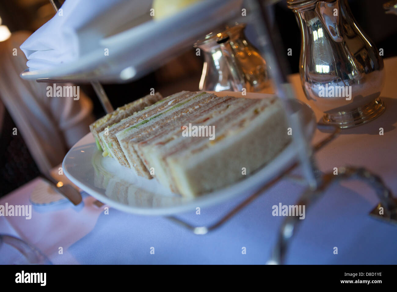 Afternoon Tea English delicacy sandwich selection in hotel, England, Britain Stock Photo