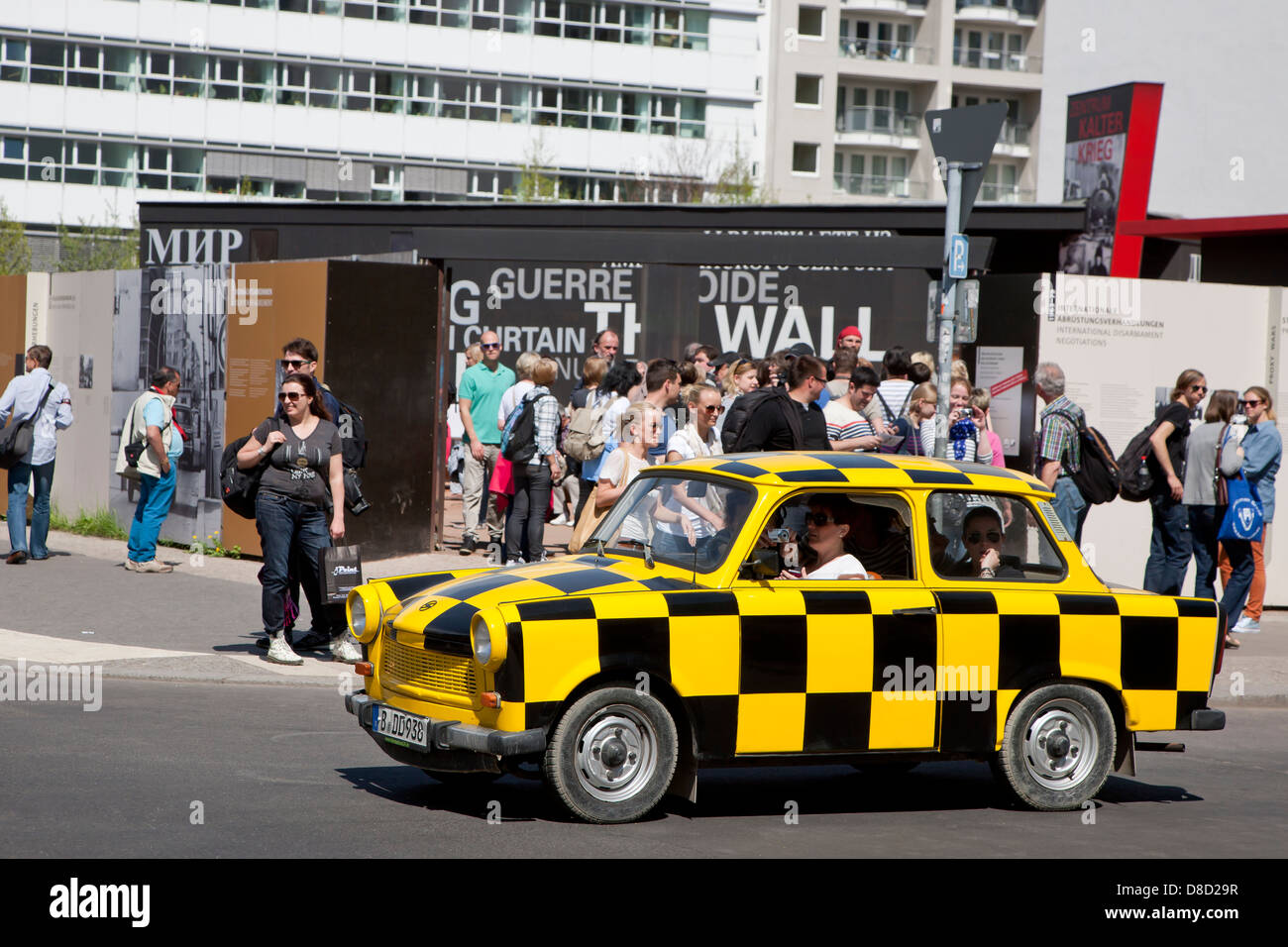 Yellow and black chessboard painted Trabant 601 Limousine Stock Photo