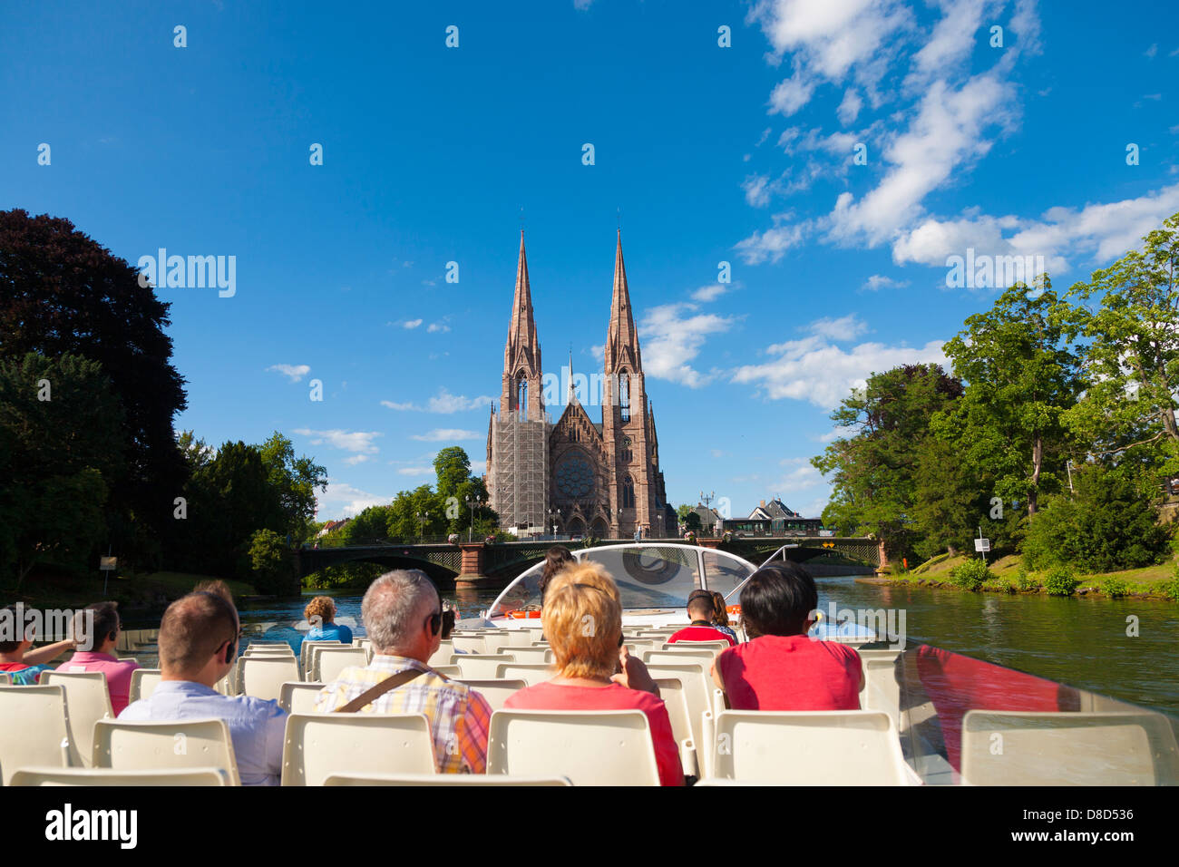 View from tourist boat on Ill river of the St Paul Church Strasbourg, Alsace, France Stock Photo