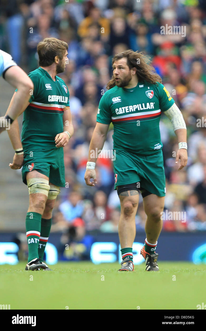 London, UK.  25th May 2013. Leicester Tigers Martin Castrogiovanni discusses the play with Geoff Parling during the Aviva Premiership Rugby Final between Leicester Tigers and Northampton Saints from Twickenham. Credit: Action Plus Sports Images/Alamy Live News Stock Photo