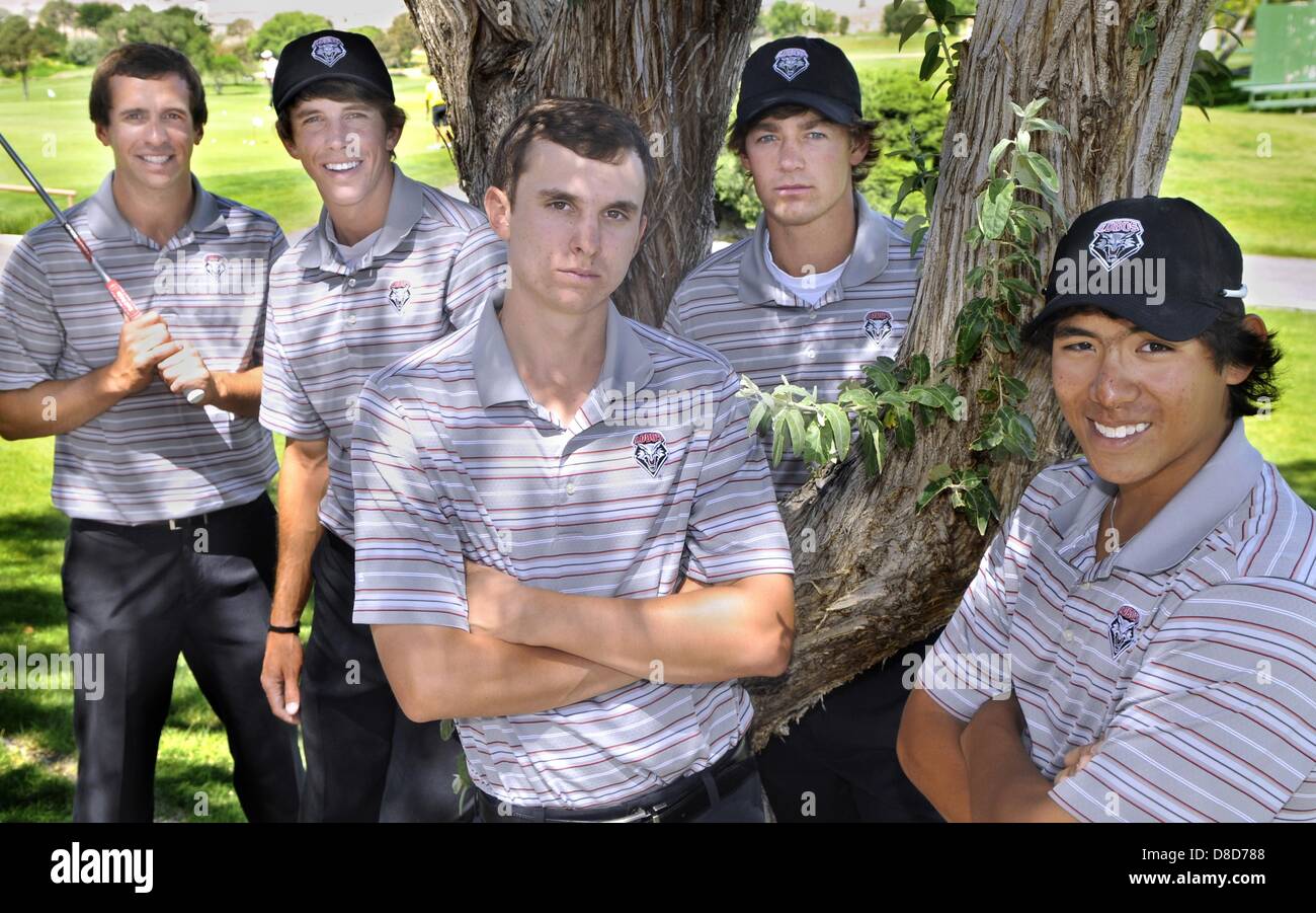 May 25, 2013 - Albuquerque, NEW MEXICO, U.S. - Greg Sorber -- The University of New Mexico golf team, Benjamin Bauch, James Erkenbeck, John Catlin, Victor Perez and Gavin Green, from left, are competing in the NCAA Championships. (Credit Image: © Greg Sorber/Albuquerque Journal/ZUMAPRESS.com) Stock Photo