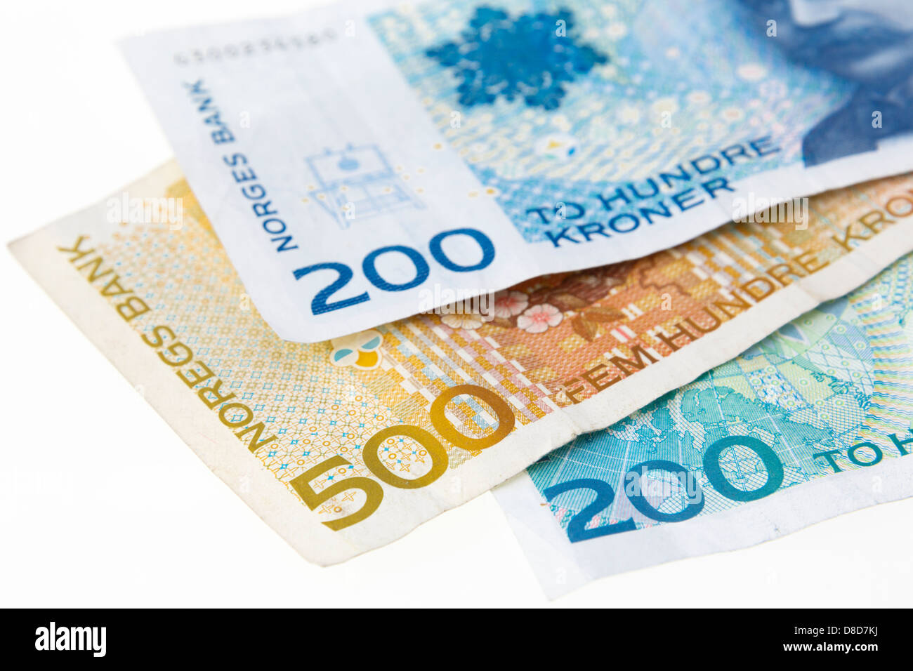 Three Norwegian 200 and 500 Kroner banknotes on a plain white background  from Norway, Scandinavia, Europe Stock Photo - Alamy
