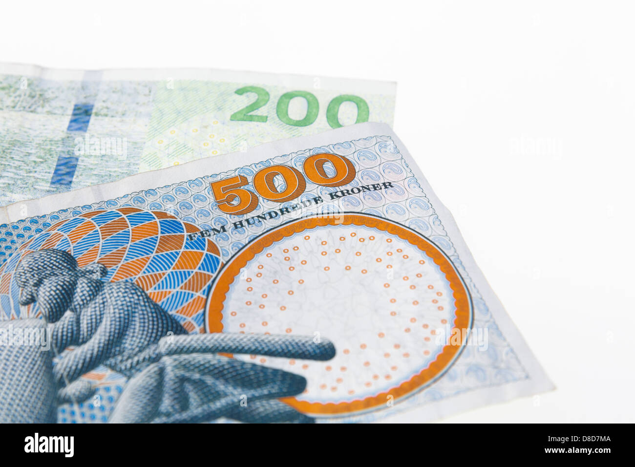 Two Danish 200 and 500 Kroner banknotes on plain white from Denmark, Scandinavia, Europe Stock Photo