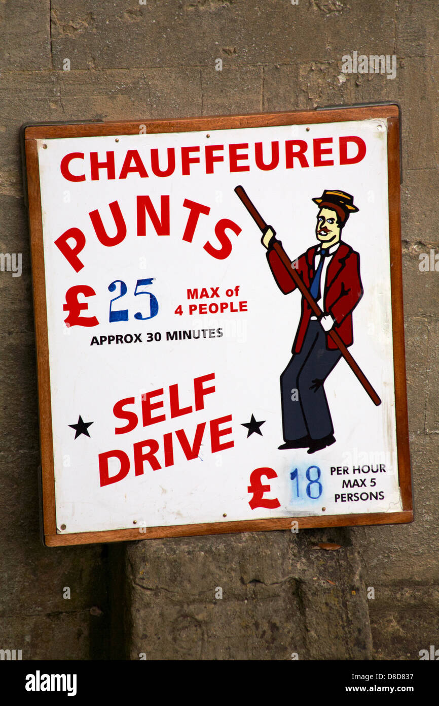 sign for chauffeured punts at £25 max of 4 people approx 30 minutes self drive £18 per hour max 5 persons at Oxford, Oxfordshire UK in May Stock Photo