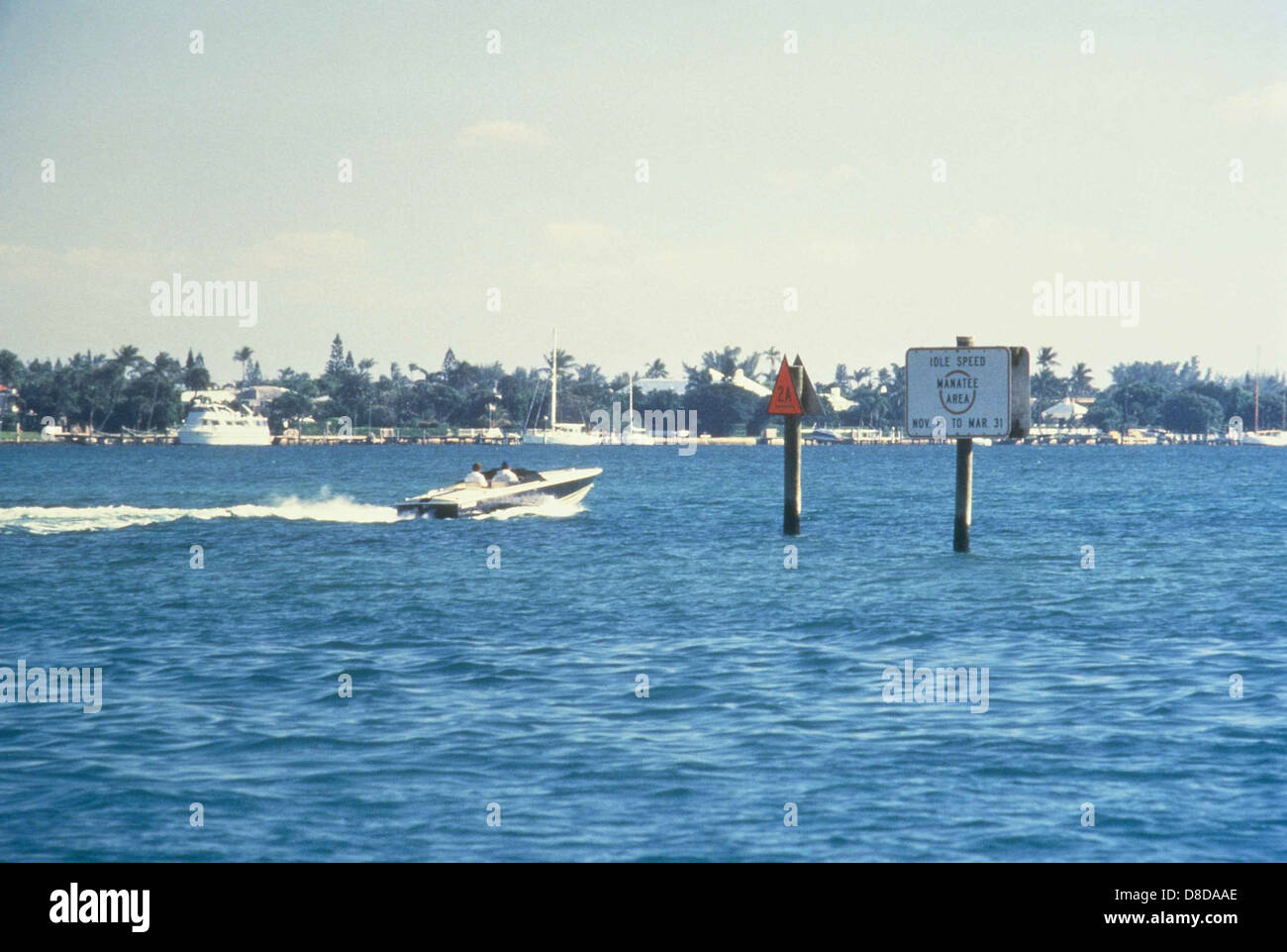 Speed boat racing through idle speed zone area in water protection area
