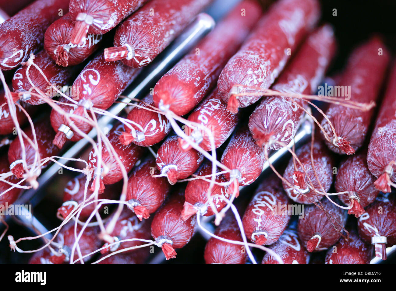 Stacked Deli Sausages at Continental market Stock Photo Alamy