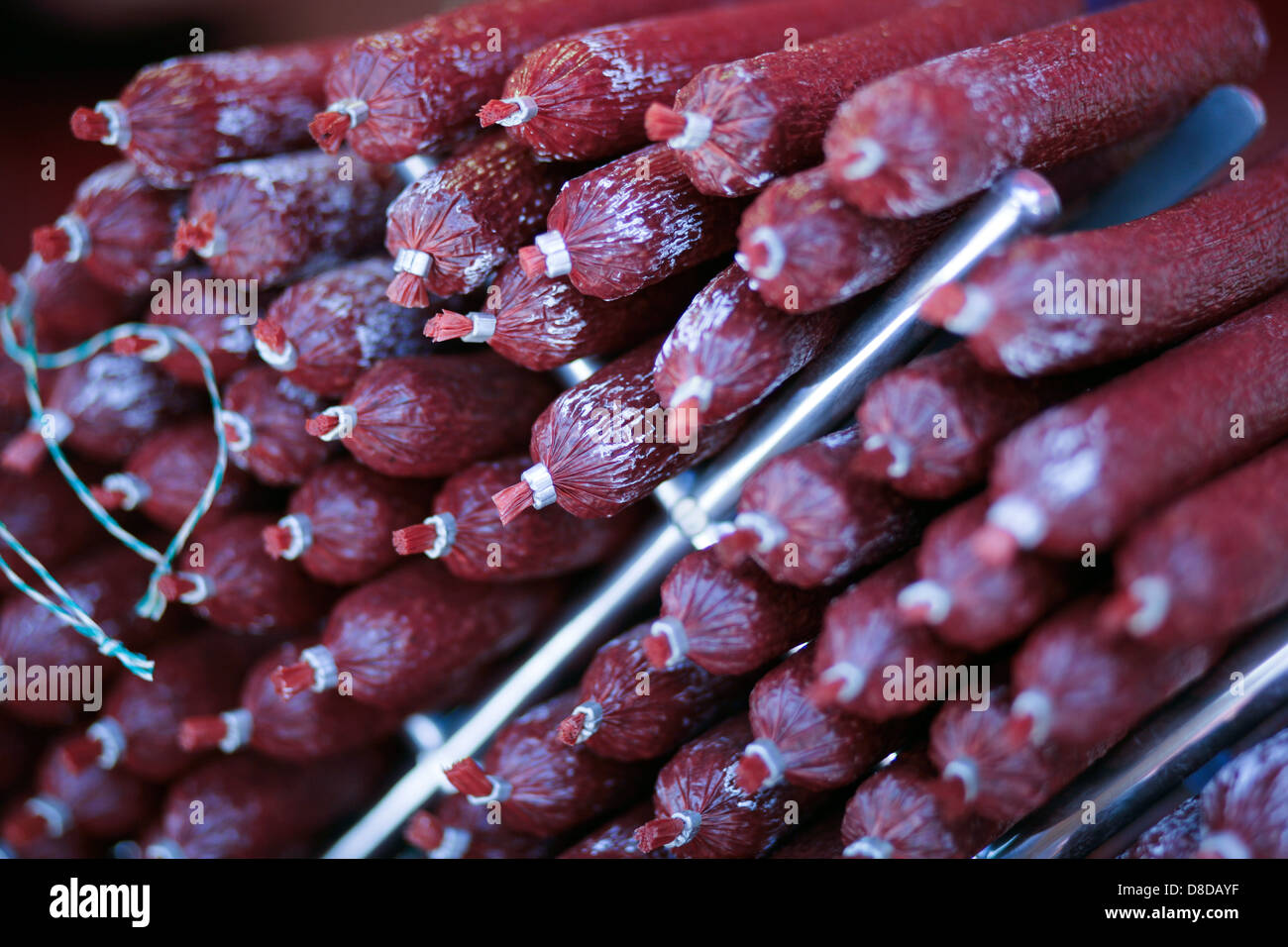 Stacked Deli Sausages at Continental market Stock Photo Alamy