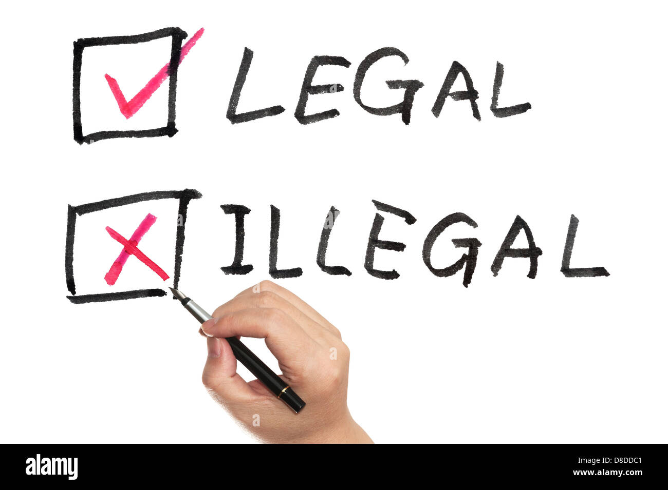 Hand holding a pen and choosing between legal and illegal Stock Photo Alamy