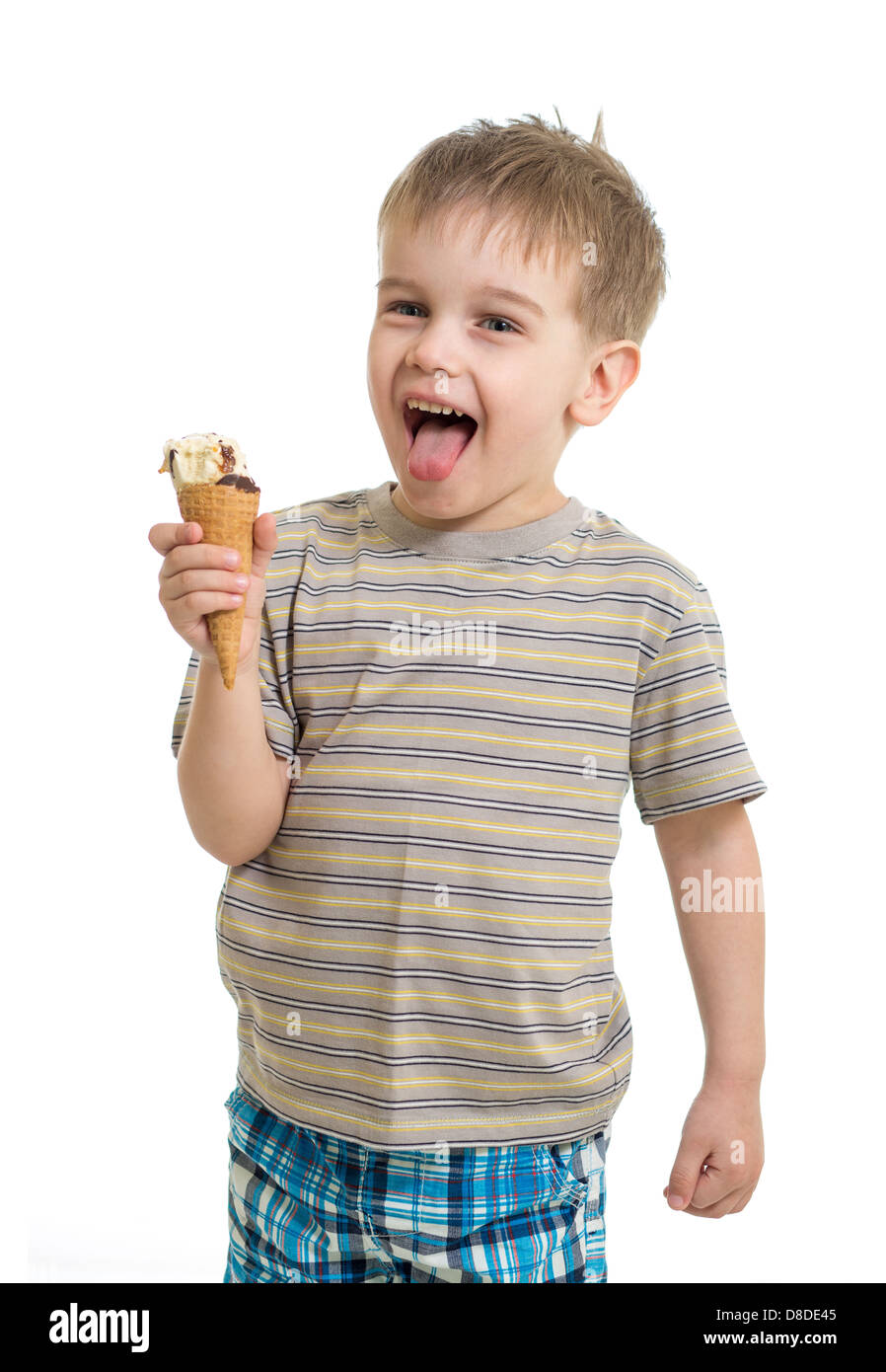 kid boy eating ice cream isolated on white studio shot Stock Photo