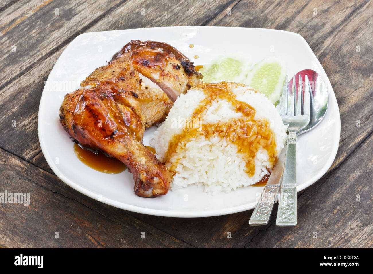 Grilled chicken rice with teriyaki sauce. Stock Photo