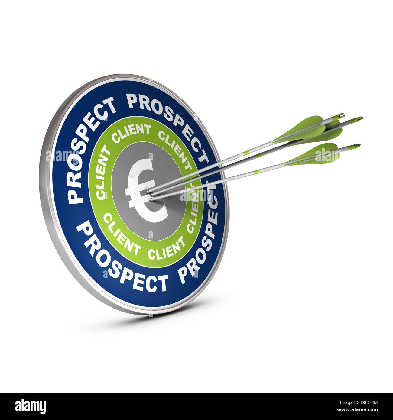 Business target with the words lead, client and euro symbol, three arrows hiting the center of the dart 3D render over white Stock Photo
