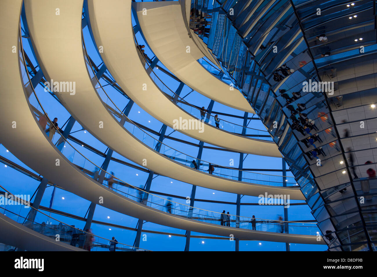 Interior of Reichstag / Bundestag cupola / dome at twilight / dusk / night Regierungsviertel Government Quarter Berlin Germany Stock Photo