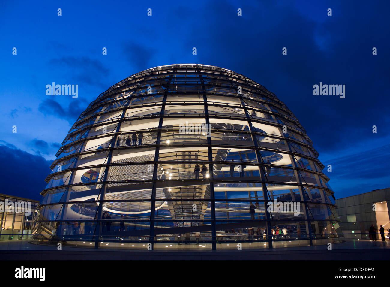 Exterior of Reichstag / Bundestag cupola / dome at twilight / dusk / night from roof terrace Berlin Germany Stock Photo