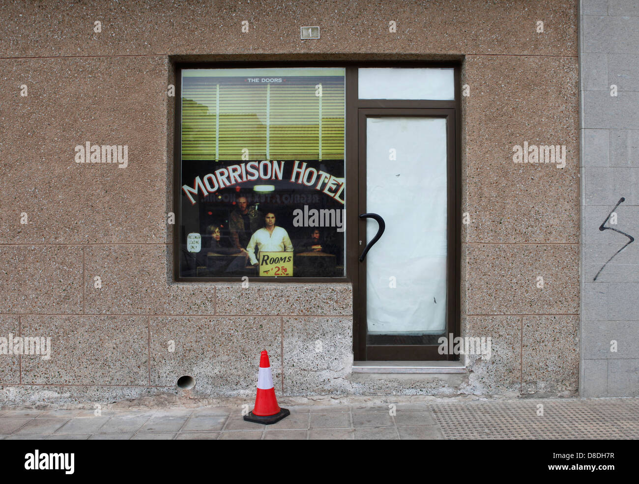 THE DOORS MORRISON HOTEL IMAGE IN A WINDOW IN SANTA BARBARA, CA, USA