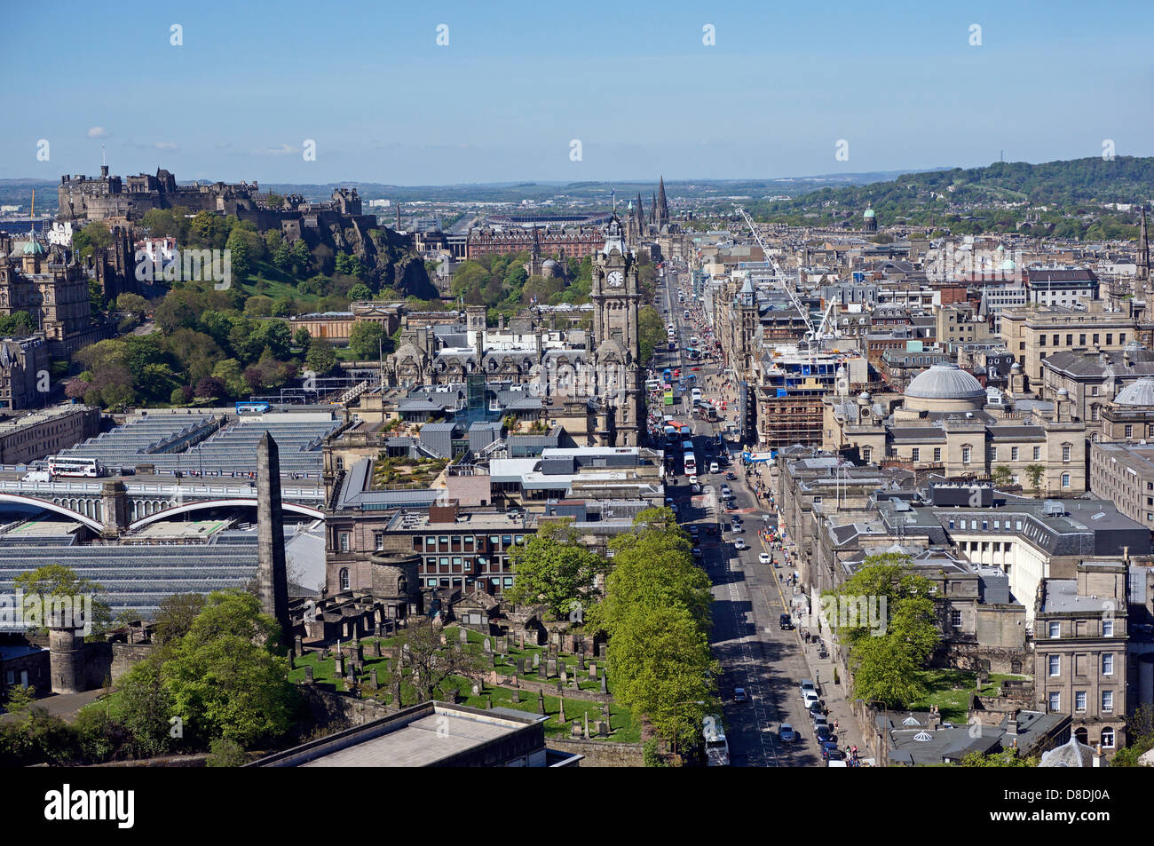 View towards Princes Street in Edinburgh Scotland from the Nelson Monument on Calton Hill Stock Photo