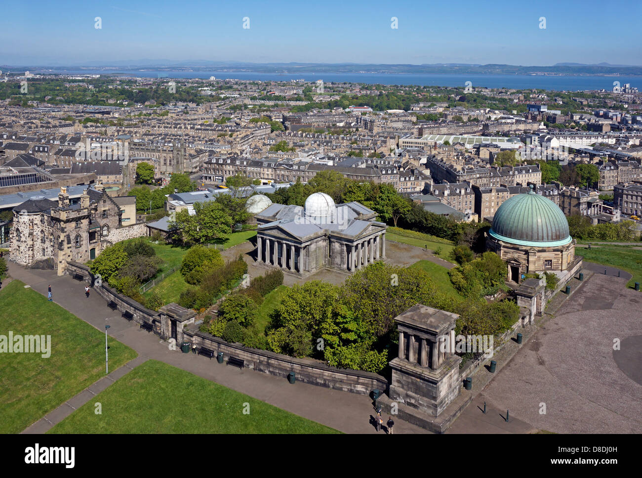 The Old City Observatory on Calton Hill in Edinburgh Scotland viewed from the Nelson Monument on Calaton Hill. Stock Photo