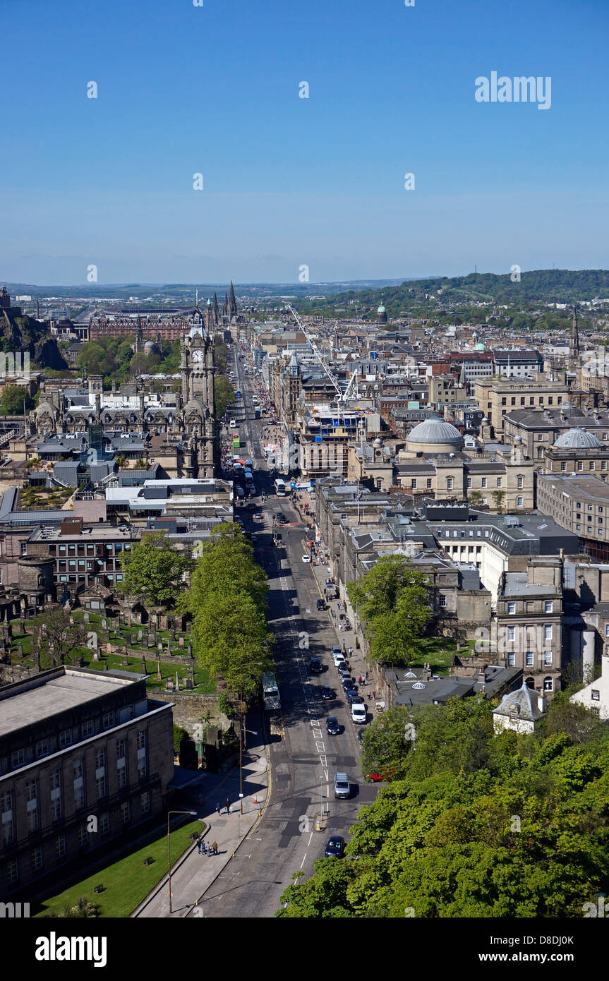 View towards Princes Street in Edinburgh Scotland from the Nelson Monument on Calton Hill Stock Photo