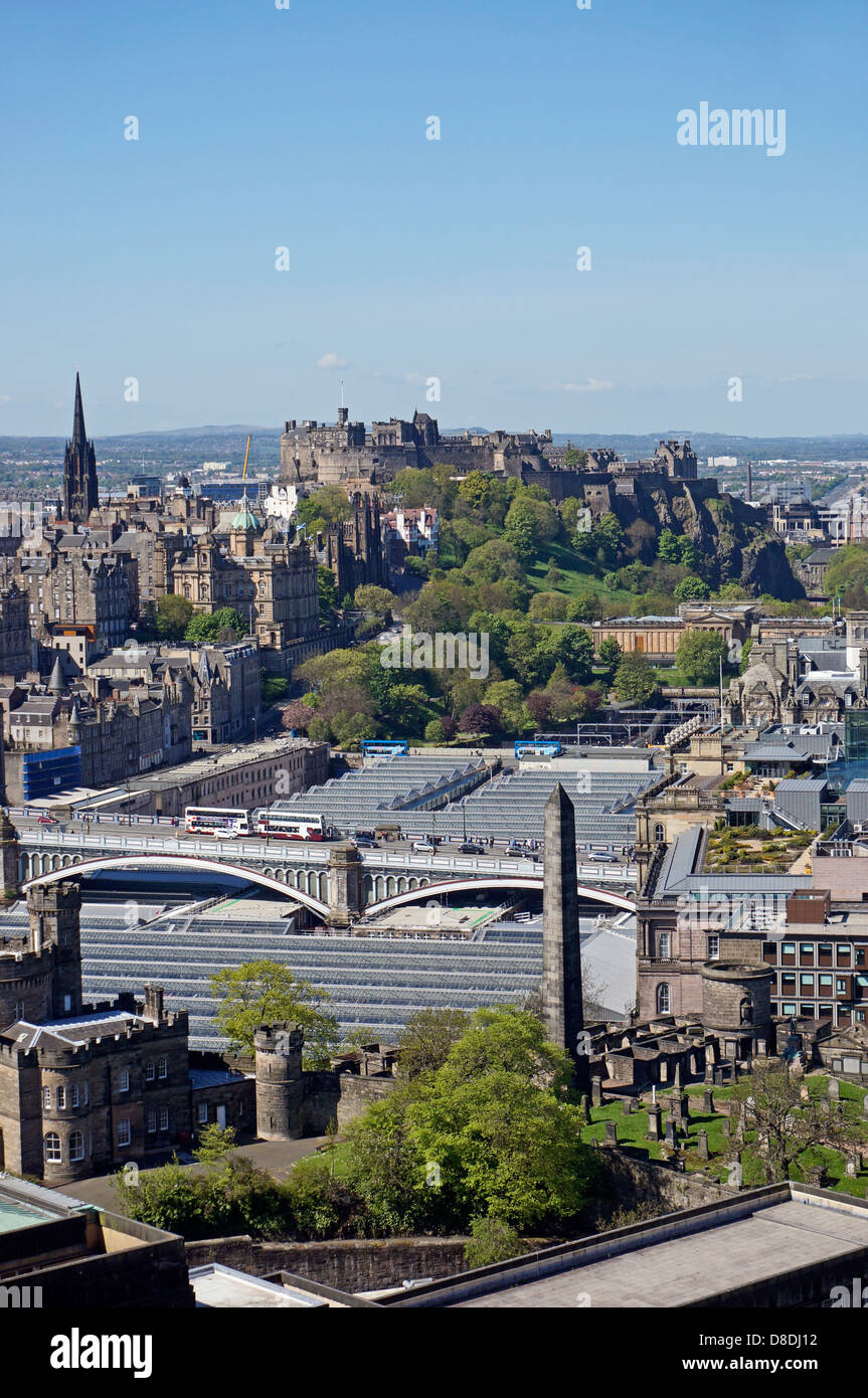 View towards Edinburgh Castle from the Nelson Monument on Calton Hill in Edinburgh Scotland Waverley Station glass roof. Stock Photo